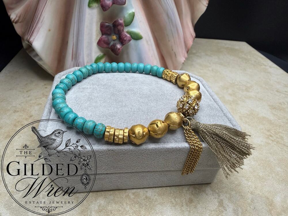 Retired Silpada Caribbean Cool KRB0039 Turquoise Tassel Stretch Bracelet 7”